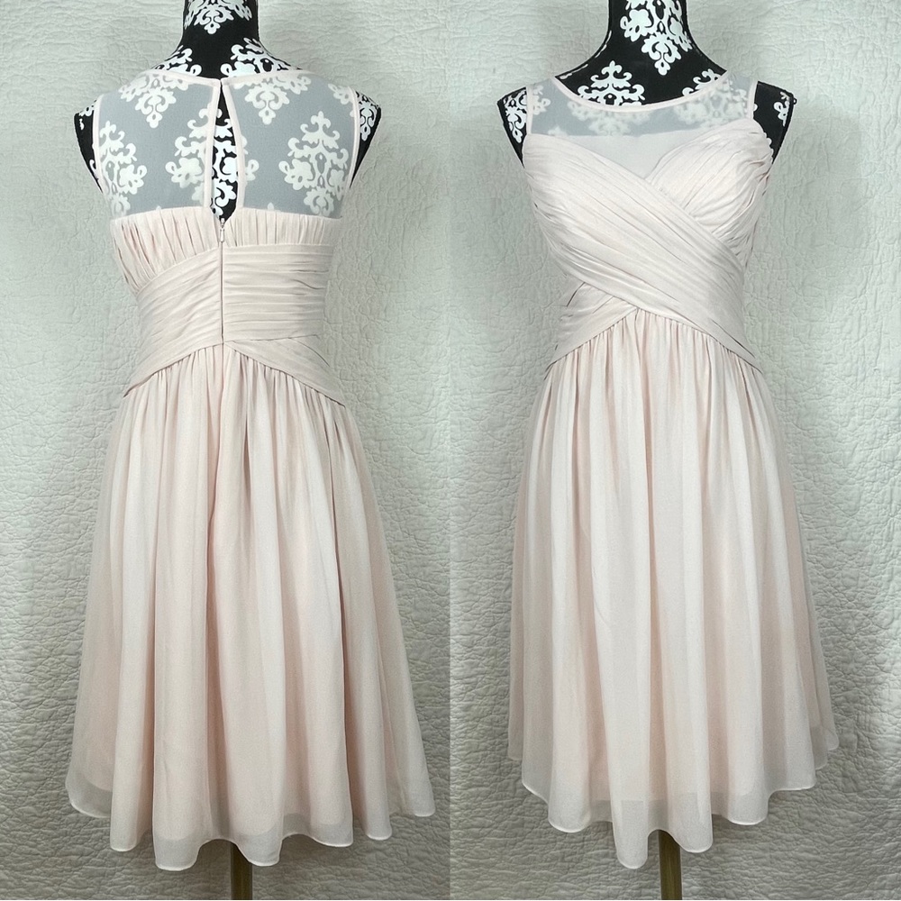 Sleeveless Blush Chiffon Party Dress with Sheer Yoke